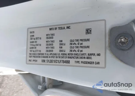 2020 Tesla Model 3 Performance Dual Motor All-Wheel Drive z USA, uszkodzony, nr VIN 5YJ3E1EC1LF784668